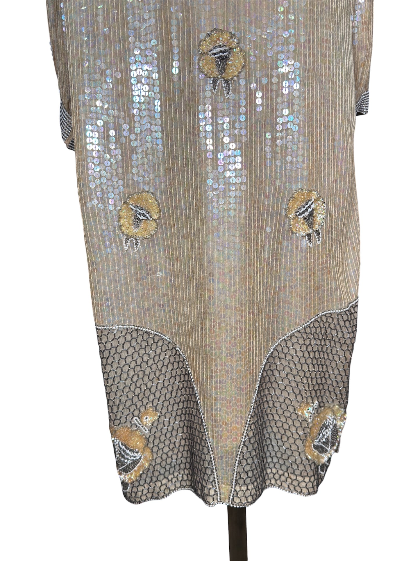 1970s ShoMax Beige Iridescent Sequined Silk Gown