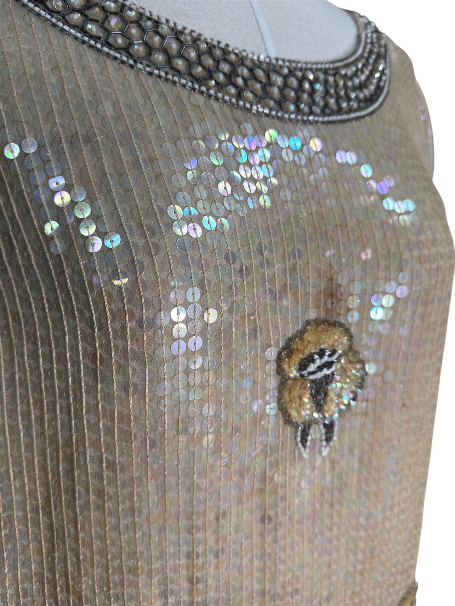 1970s ShoMax Beige Iridescent Sequined Silk Gown