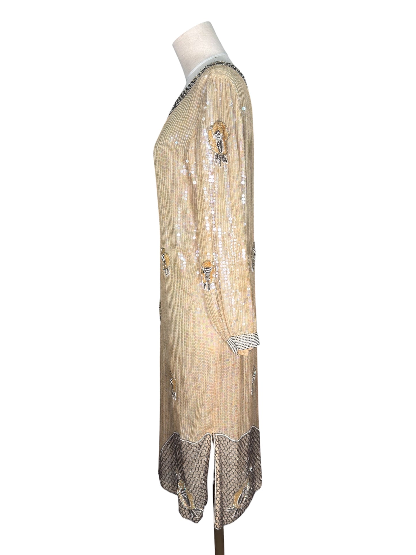 1970s ShoMax Beige Iridescent Sequined Silk Gown