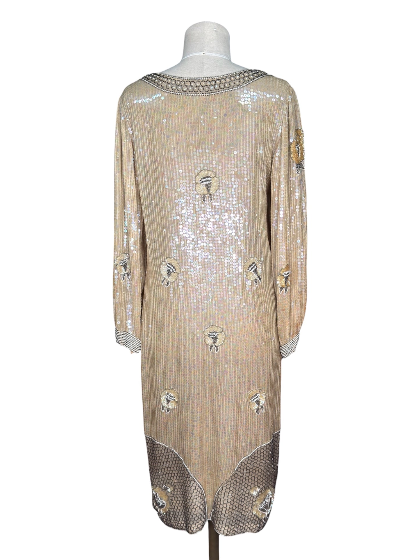1970s ShoMax Beige Iridescent Sequined Silk Gown