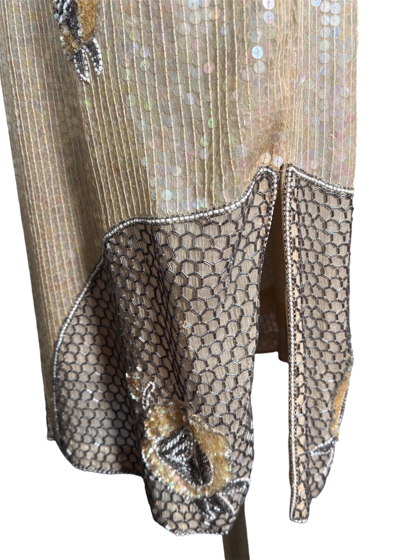 1970s ShoMax Beige Iridescent Sequined Silk Gown