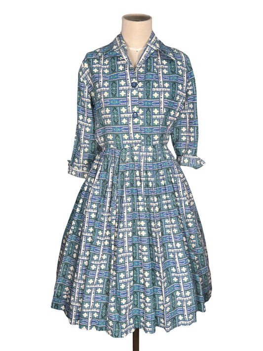 1950s Cotton Blue and Green Geometric Day Dress with Circle Skirt