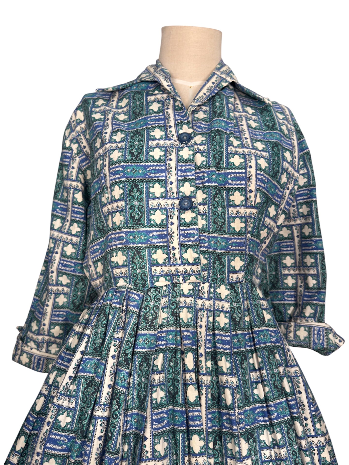 1950s Cotton Blue and Green Geometric Day Dress with Circle Skirt