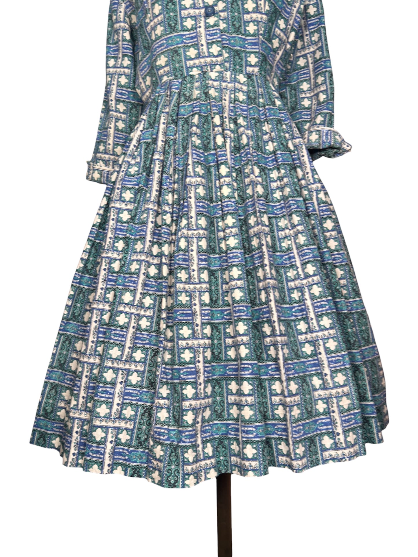 1950s Cotton Blue and Green Geometric Day Dress with Circle Skirt