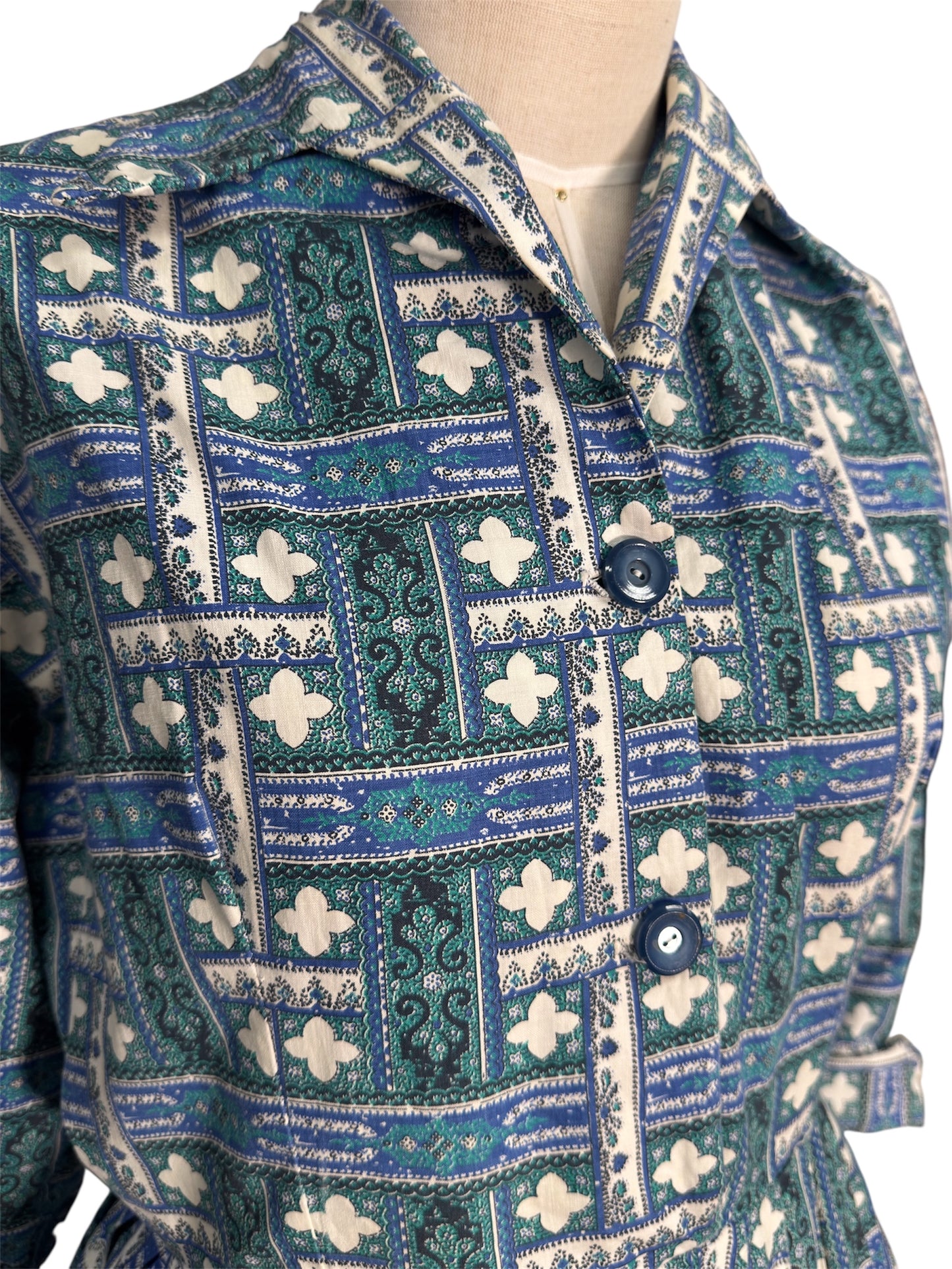 1950s Cotton Blue and Green Geometric Day Dress with Circle Skirt