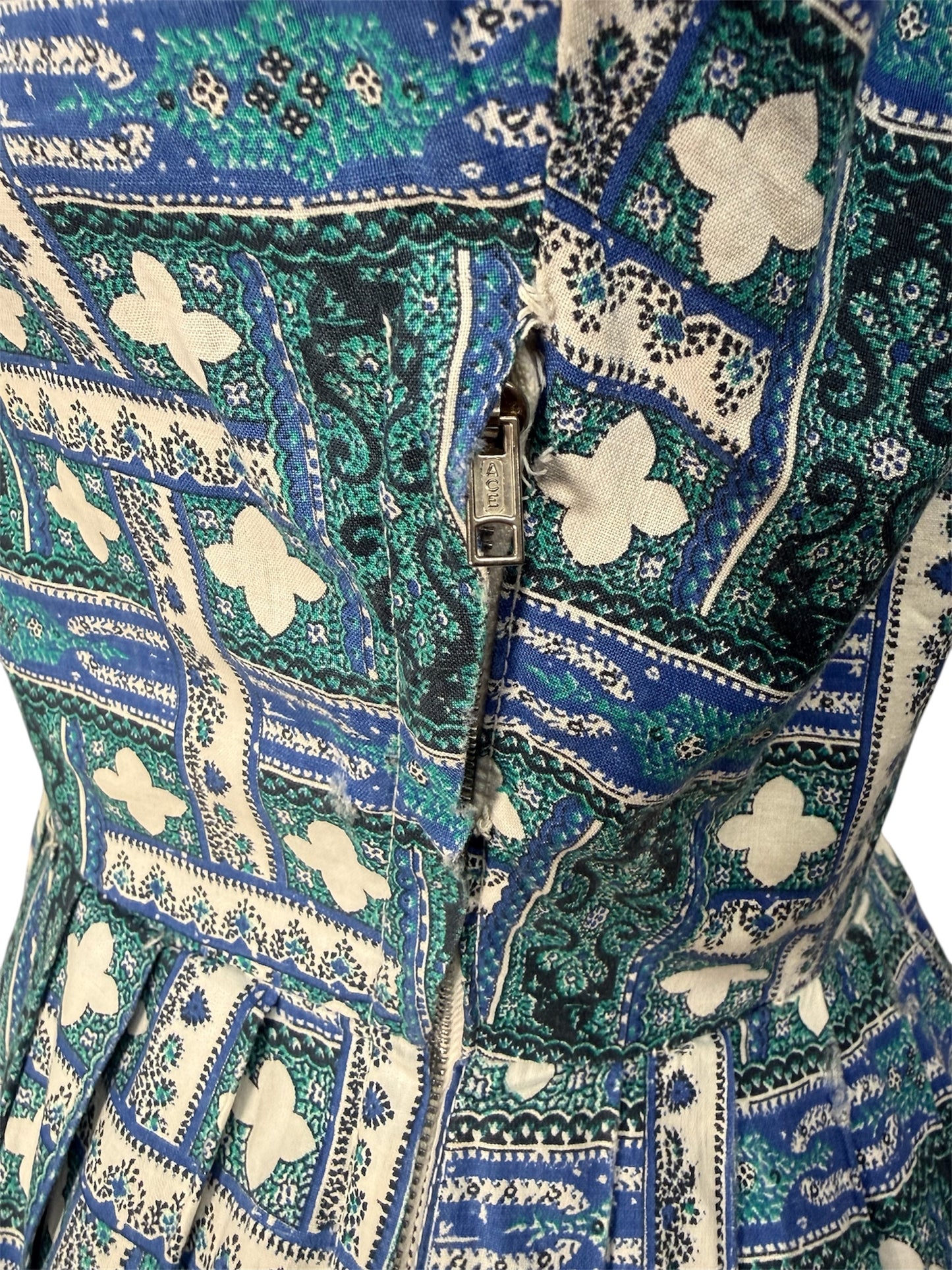 1950s Cotton Blue and Green Geometric Day Dress with Circle Skirt