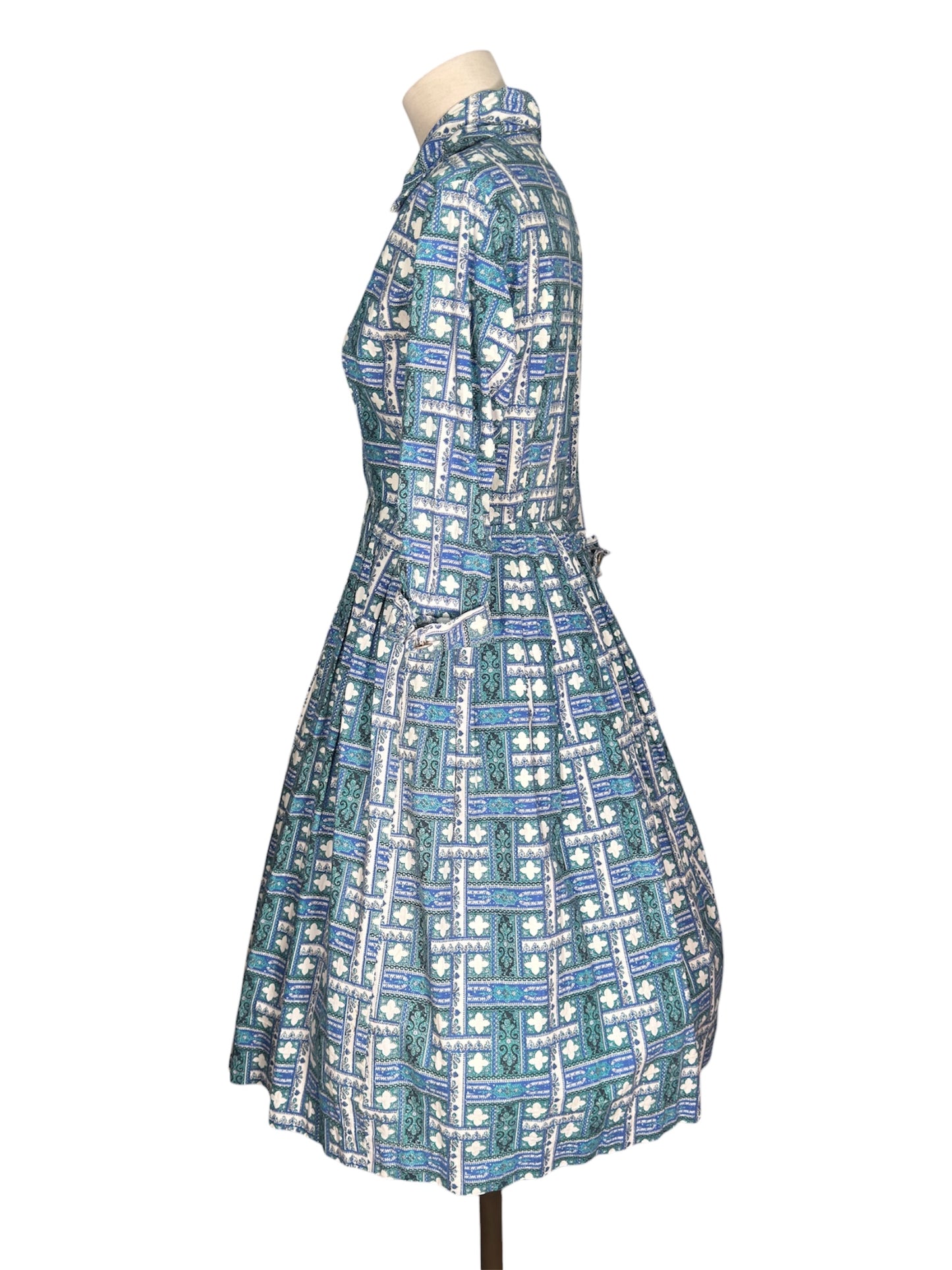 1950s Cotton Blue and Green Geometric Day Dress with Circle Skirt