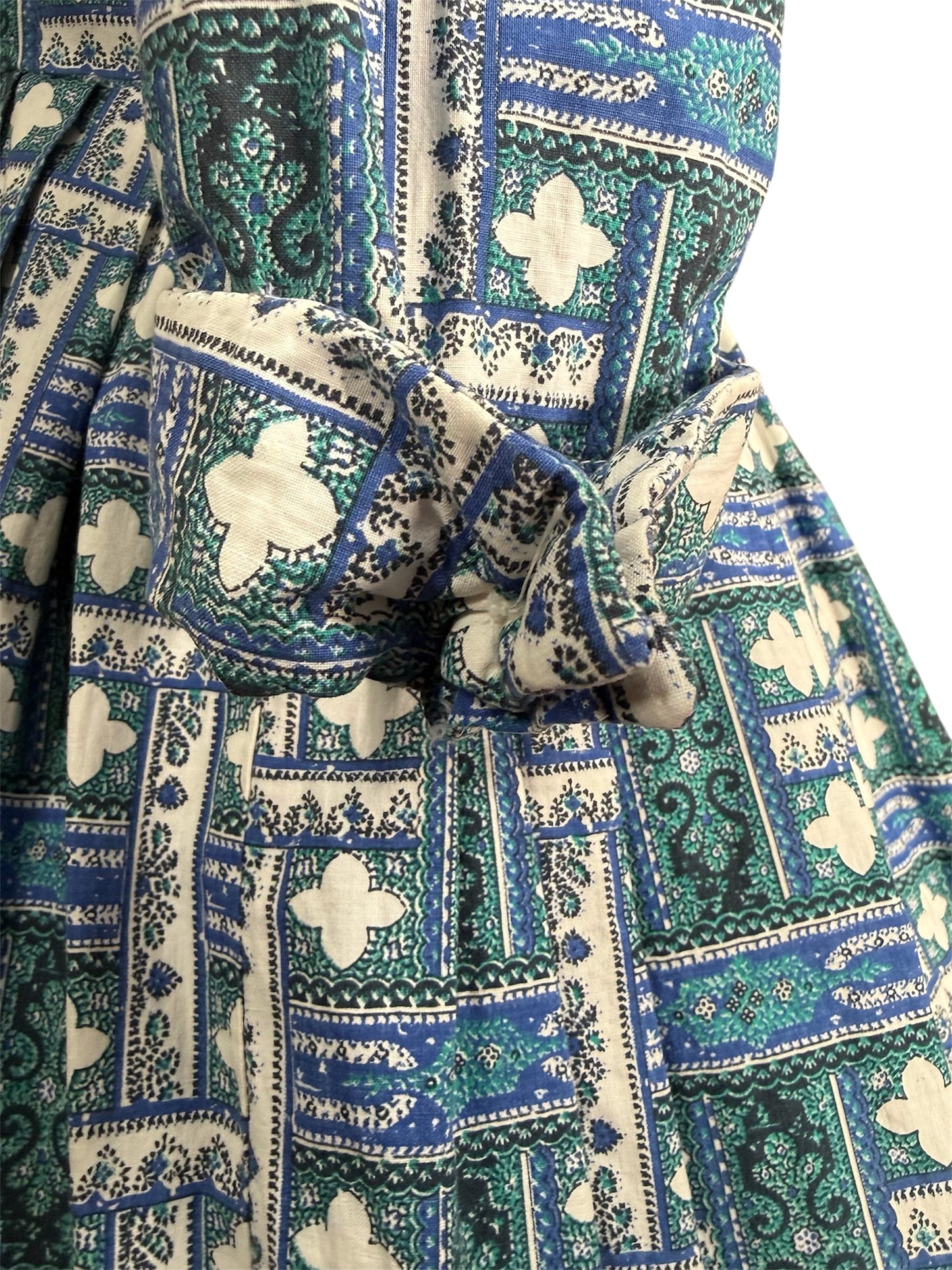 1950s Cotton Blue and Green Geometric Day Dress with Circle Skirt