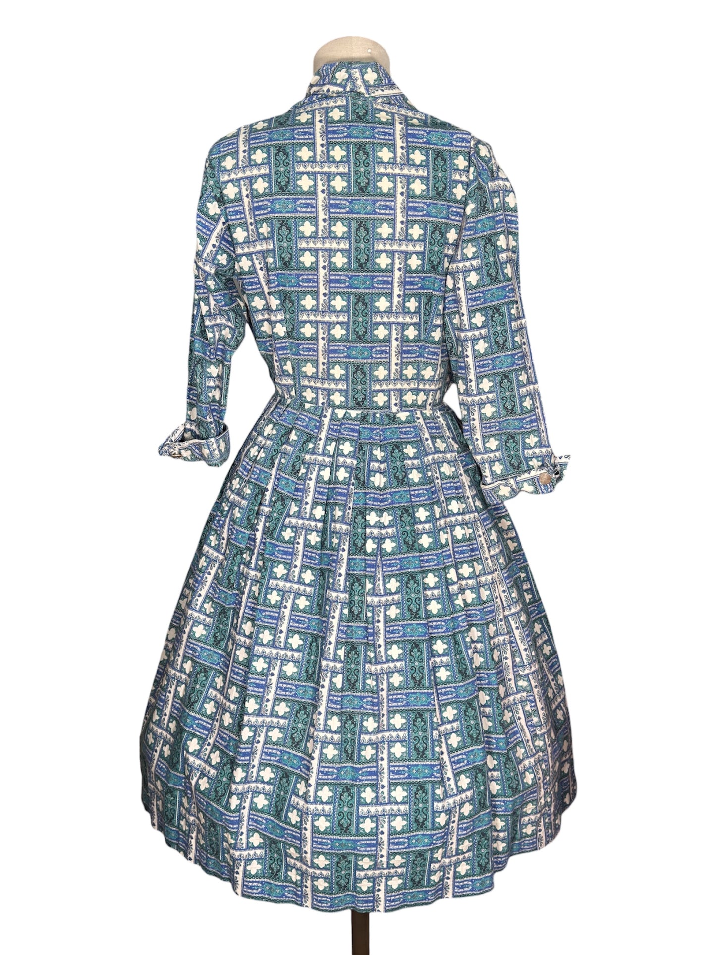 1950s Cotton Blue and Green Geometric Day Dress with Circle Skirt