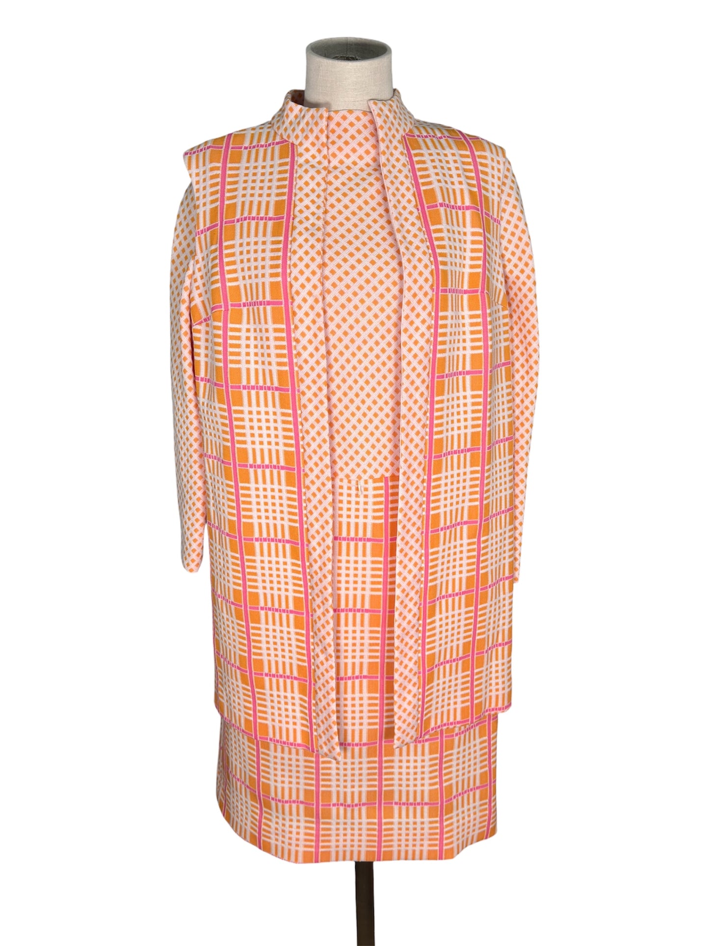 1970s 2 Piece Crosshatched Orange/Pink Jacket and Dress Set