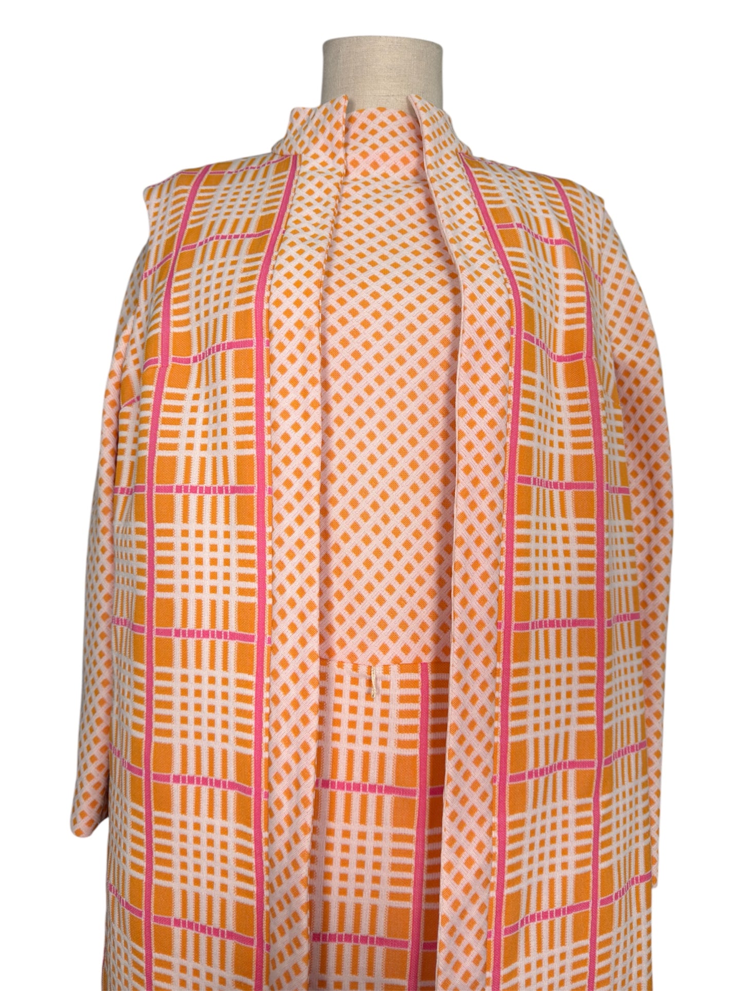 1970s 2 Piece Crosshatched Orange/Pink Jacket and Dress Set