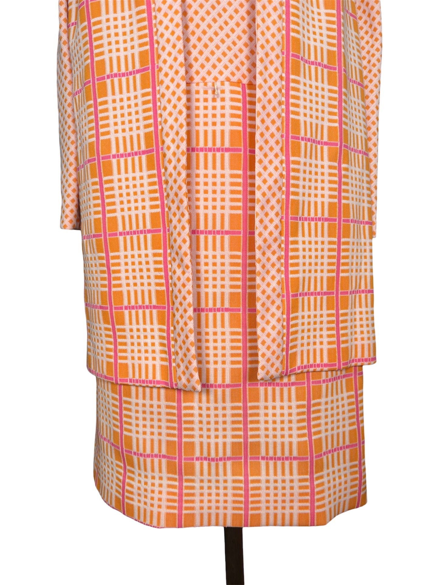 1970s 2 Piece Crosshatched Orange/Pink Jacket and Dress Set
