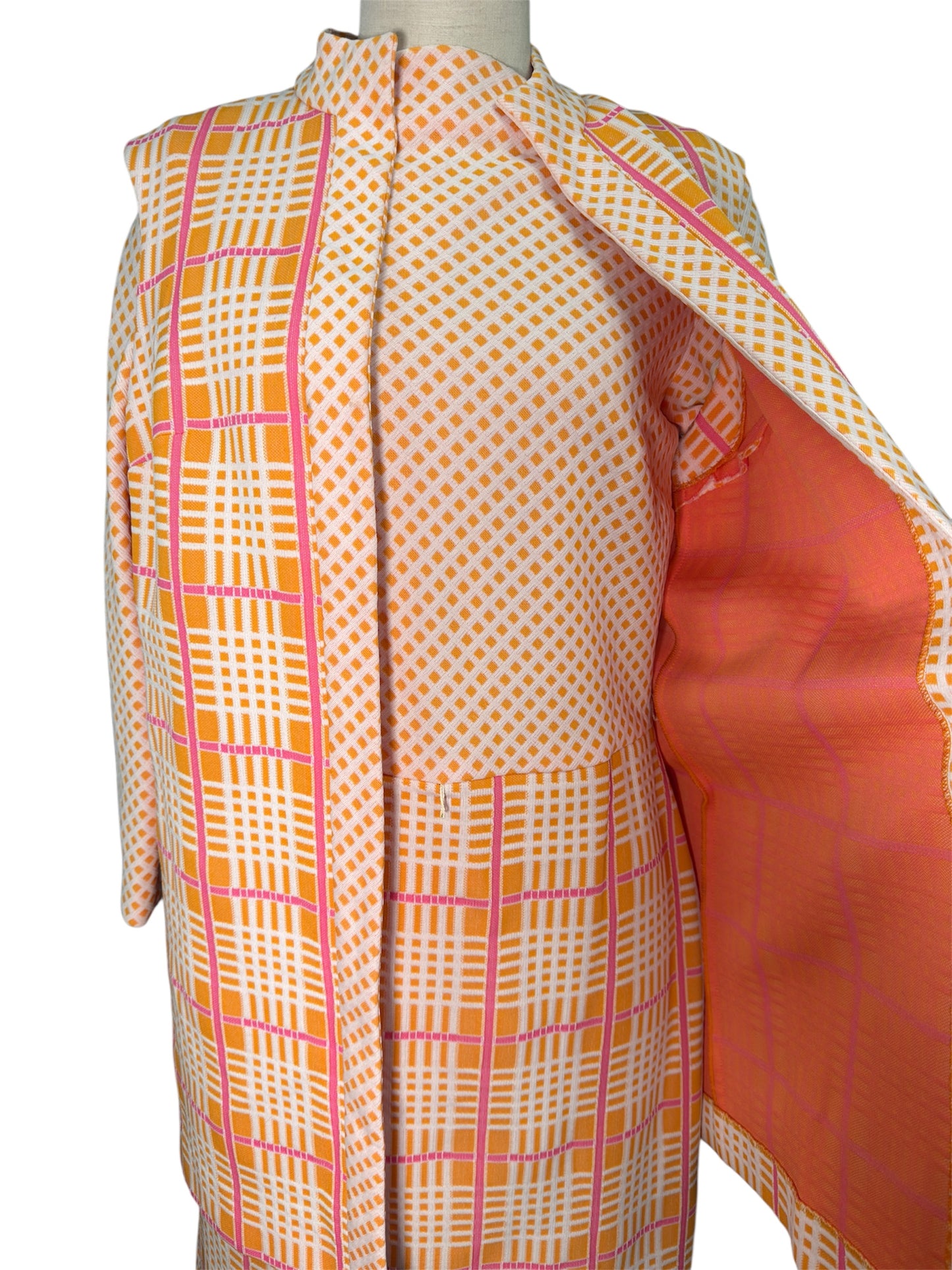 1970s 2 Piece Crosshatched Orange/Pink Jacket and Dress Set