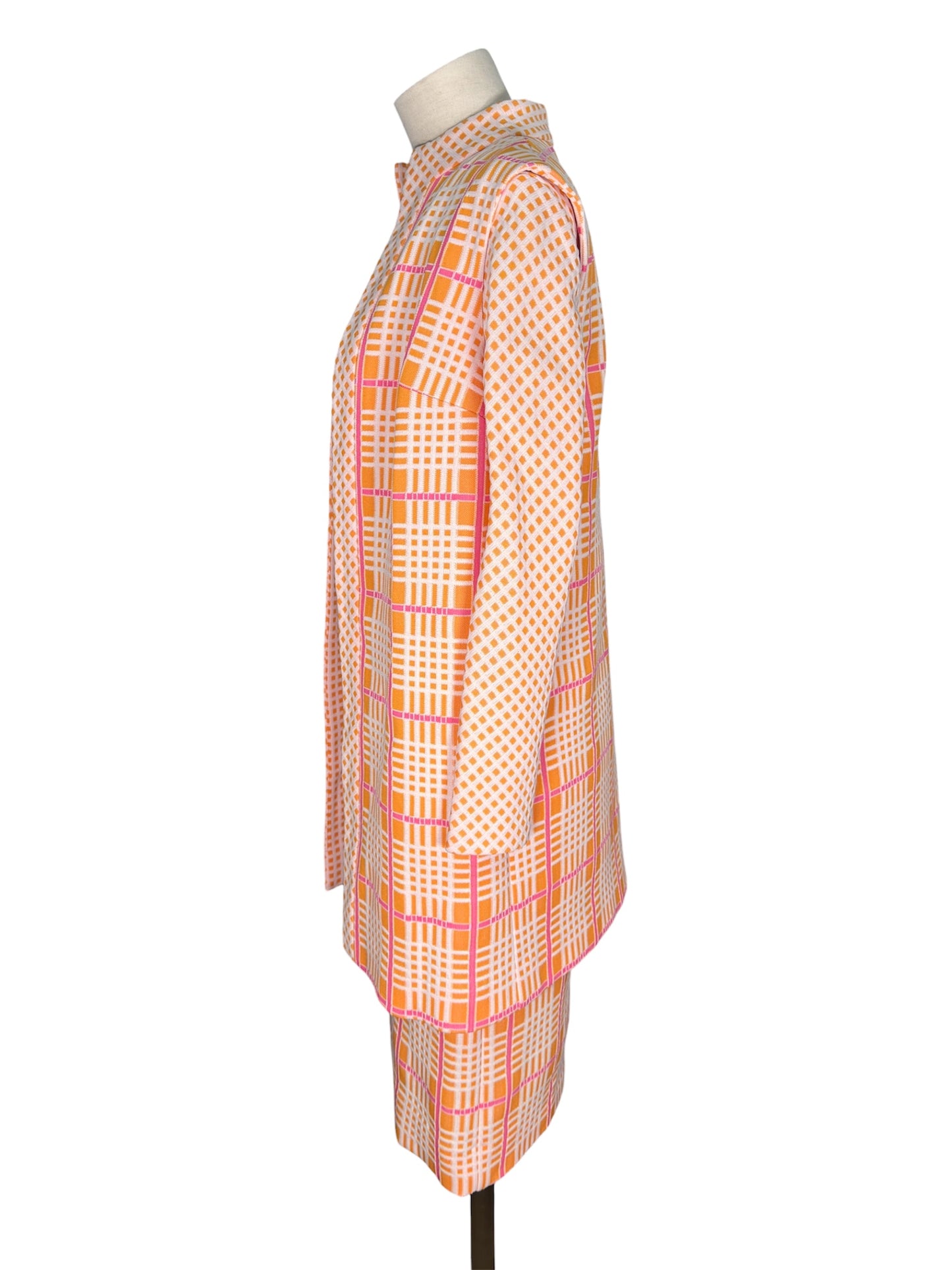 1970s 2 Piece Crosshatched Orange/Pink Jacket and Dress Set
