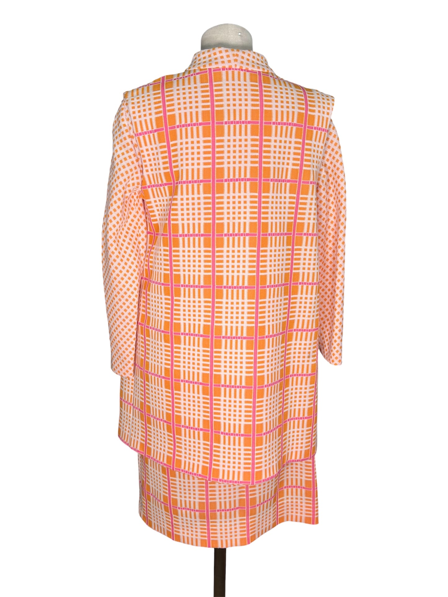 1970s 2 Piece Crosshatched Orange/Pink Jacket and Dress Set