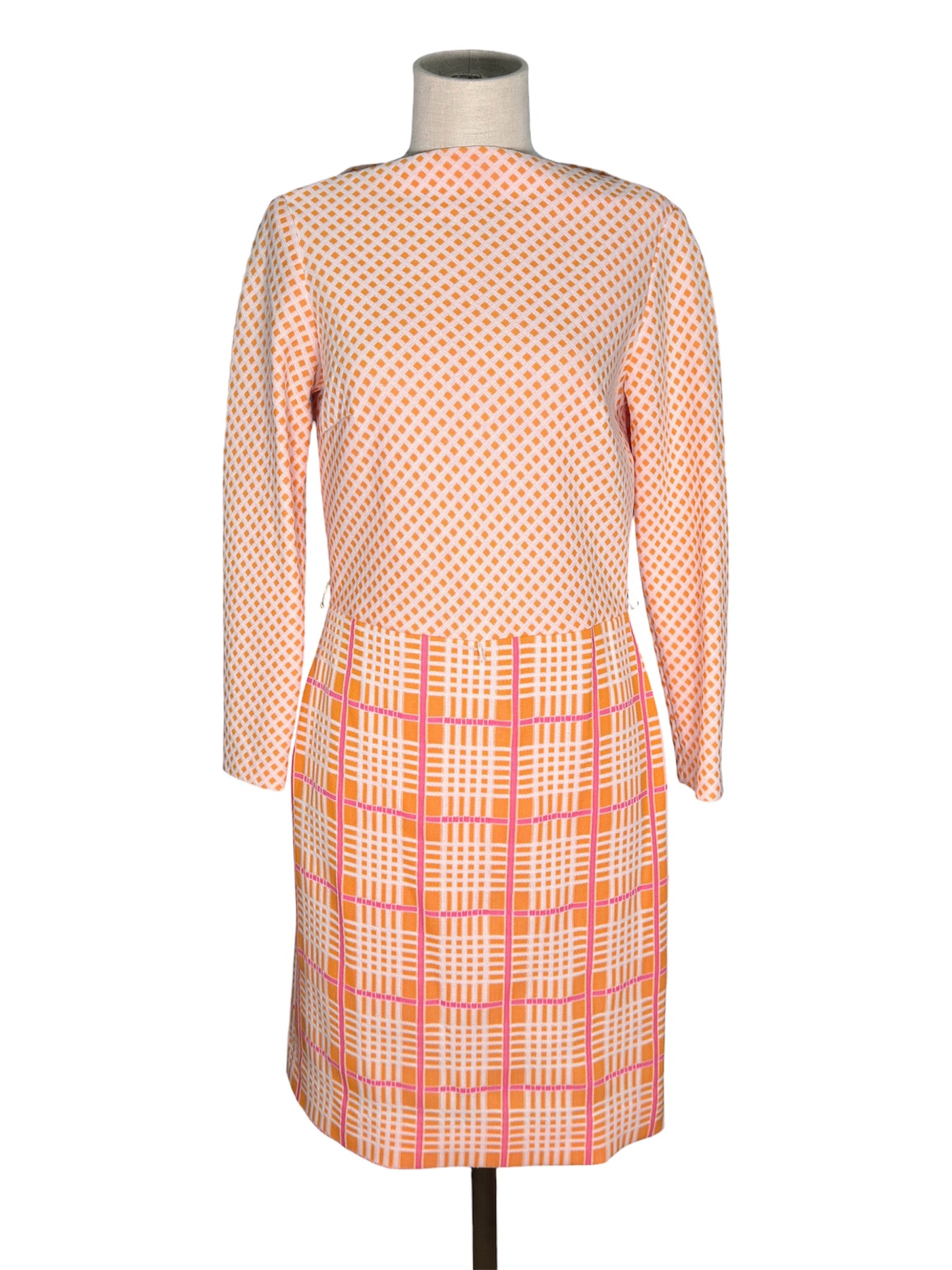 1970s 2 Piece Crosshatched Orange/Pink Jacket and Dress Set
