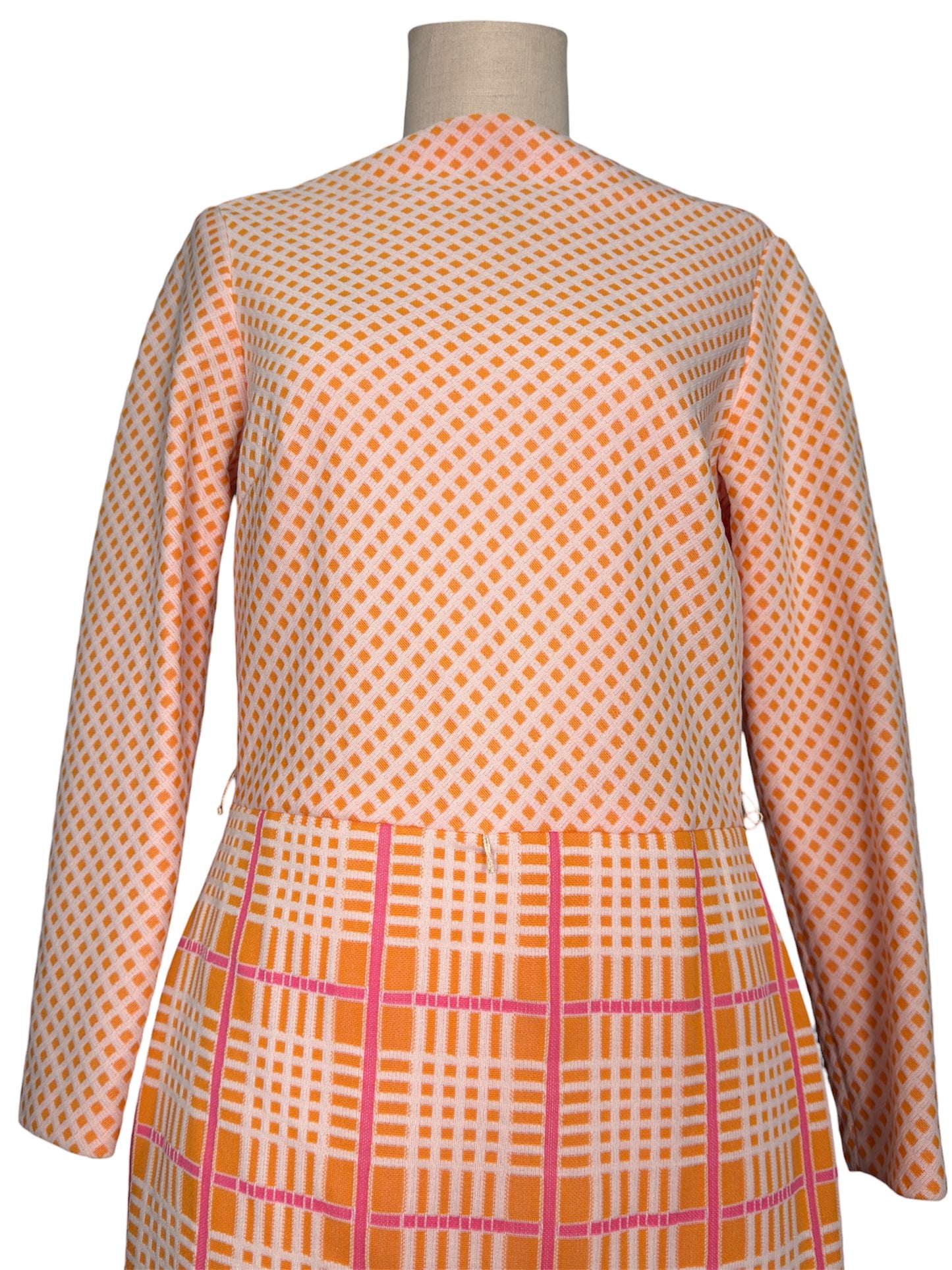 1970s 2 Piece Crosshatched Orange/Pink Jacket and Dress Set