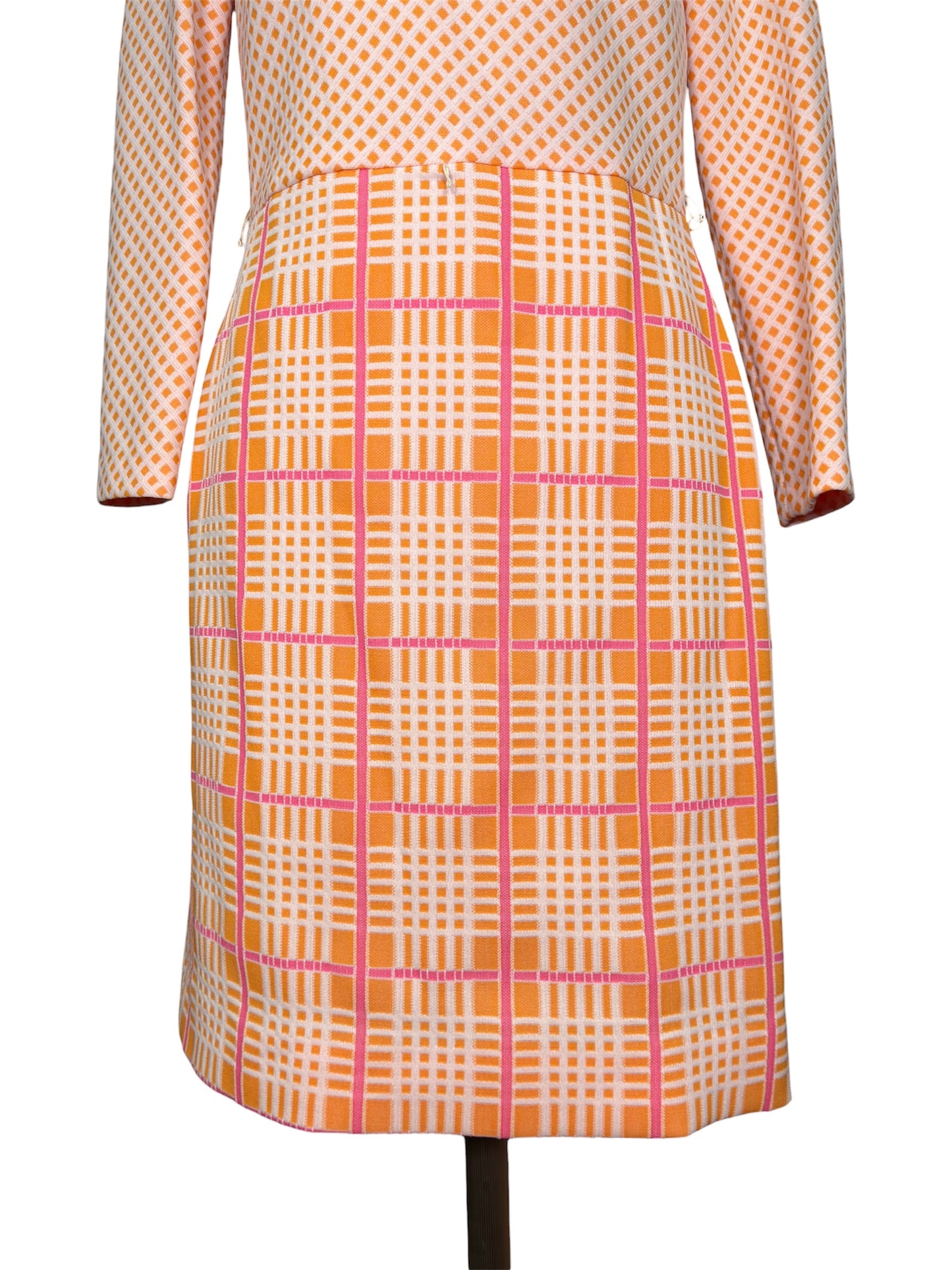 1970s 2 Piece Crosshatched Orange/Pink Jacket and Dress Set