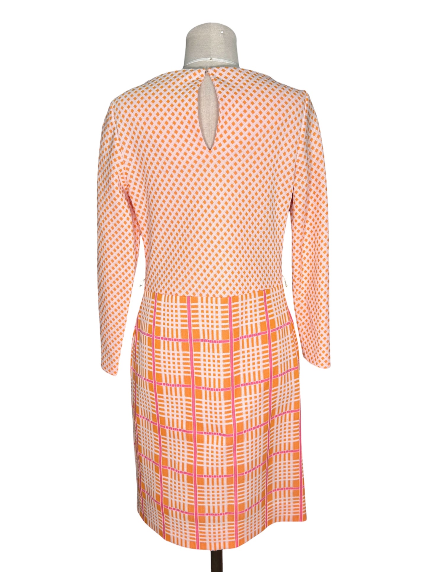1970s 2 Piece Crosshatched Orange/Pink Jacket and Dress Set