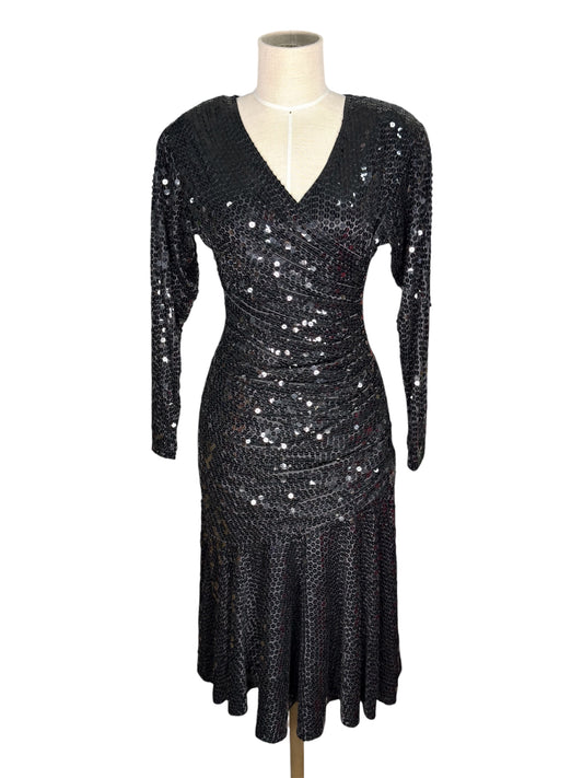 1980s Oleg Cassini Sequined Black Party Dress