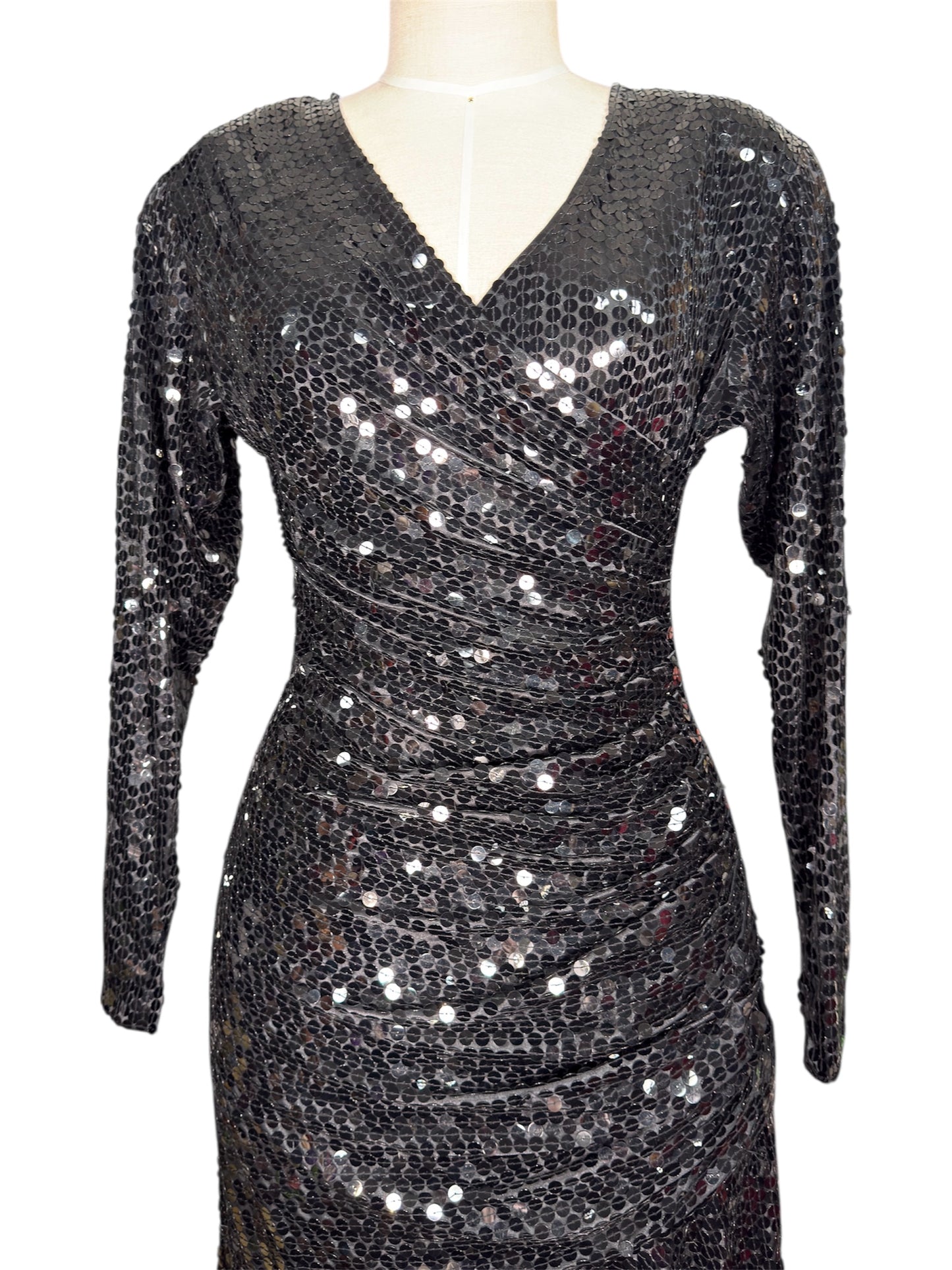1980s Oleg Cassini Sequined Black Party Dress