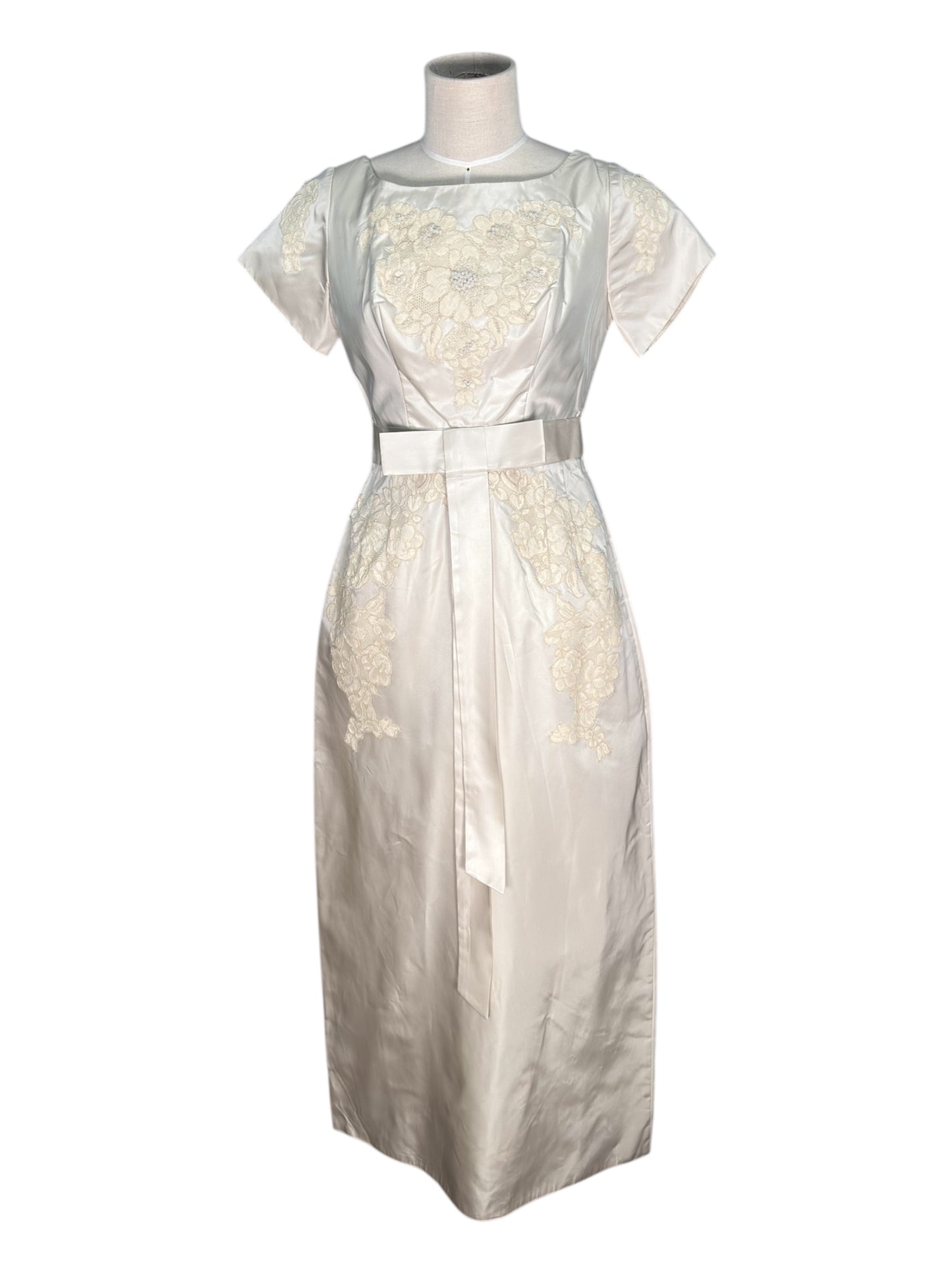 1960s Floral Lace Applique and Beaded Wedding Gown