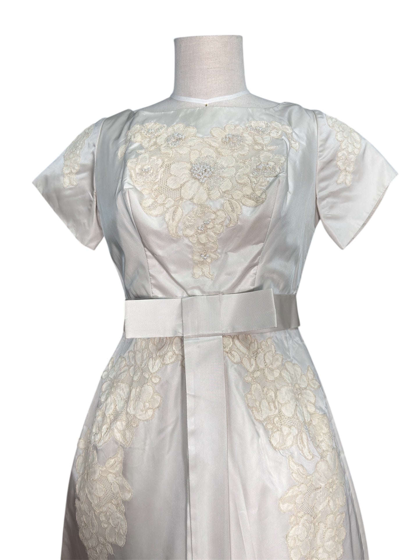 1960s Floral Lace Applique and Beaded Wedding Gown