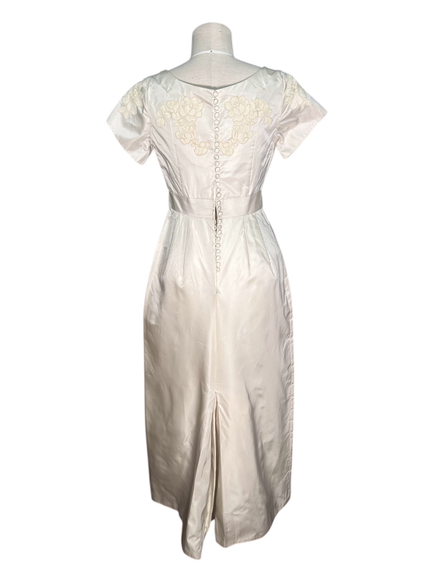 1960s Floral Lace Applique and Beaded Wedding Gown