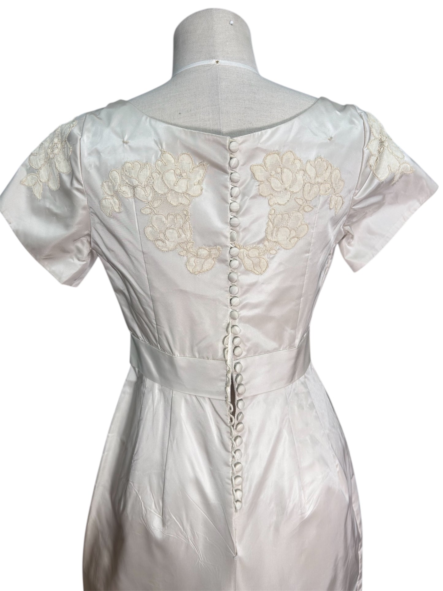 1960s Floral Lace Applique and Beaded Wedding Gown