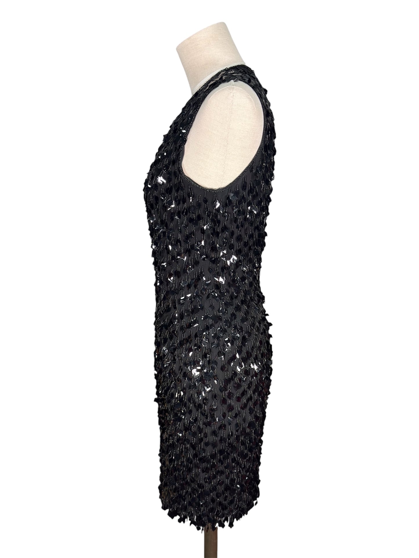 1990s DKNY Silk Beaded Pailettes Black Mini Dress