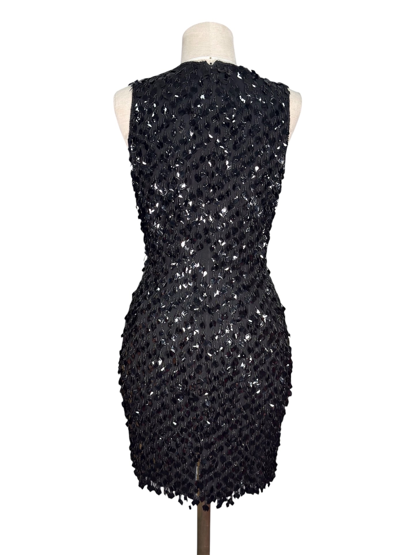 1990s DKNY Silk Beaded Pailettes Black Mini Dress