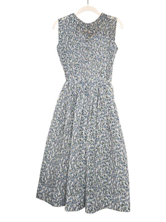 1950s Tissue Crepe Blue/Green/White Geometric Day Dress