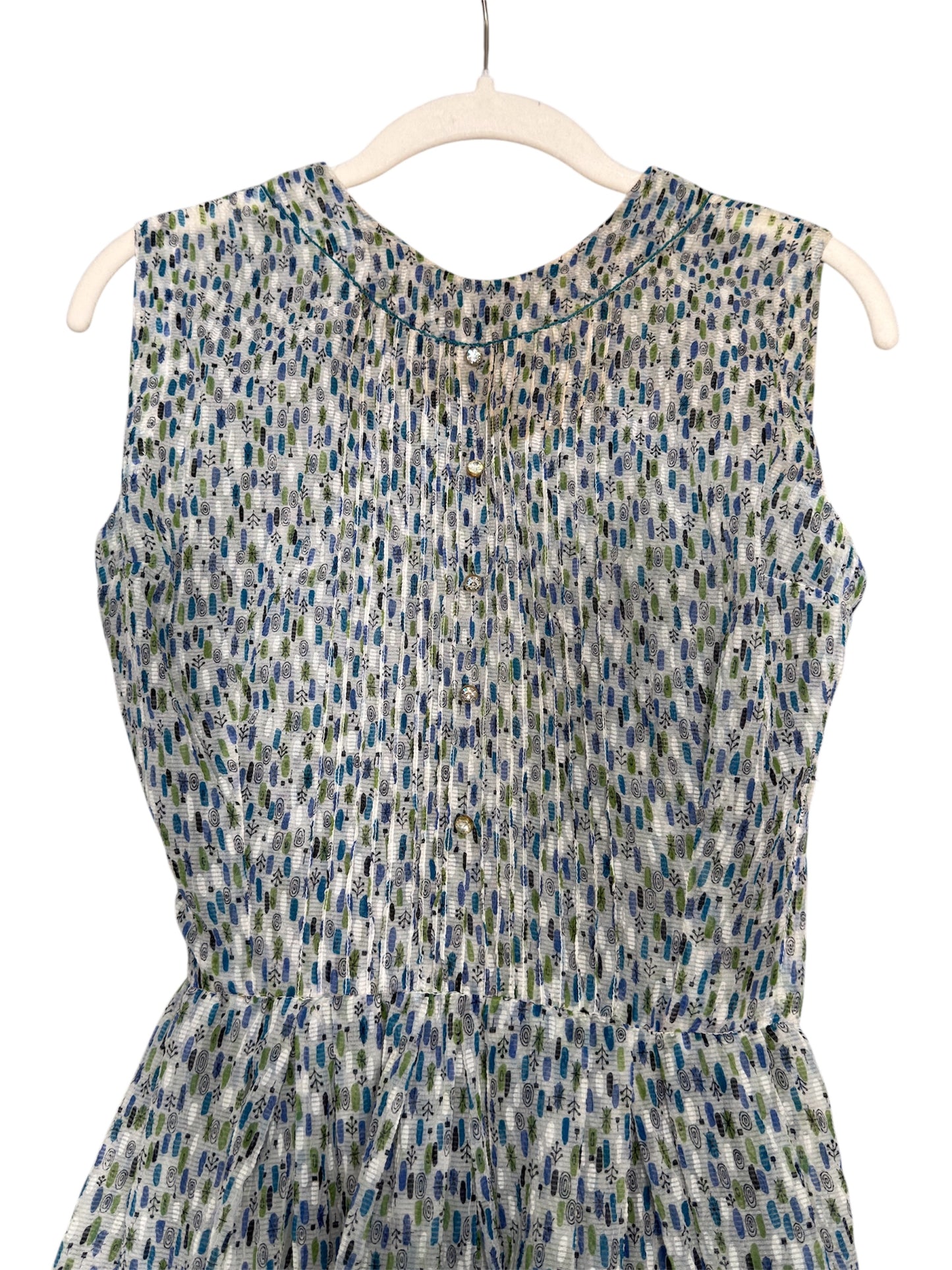 1950s Tissue Crepe Blue/Green/White Geometric Day Dress