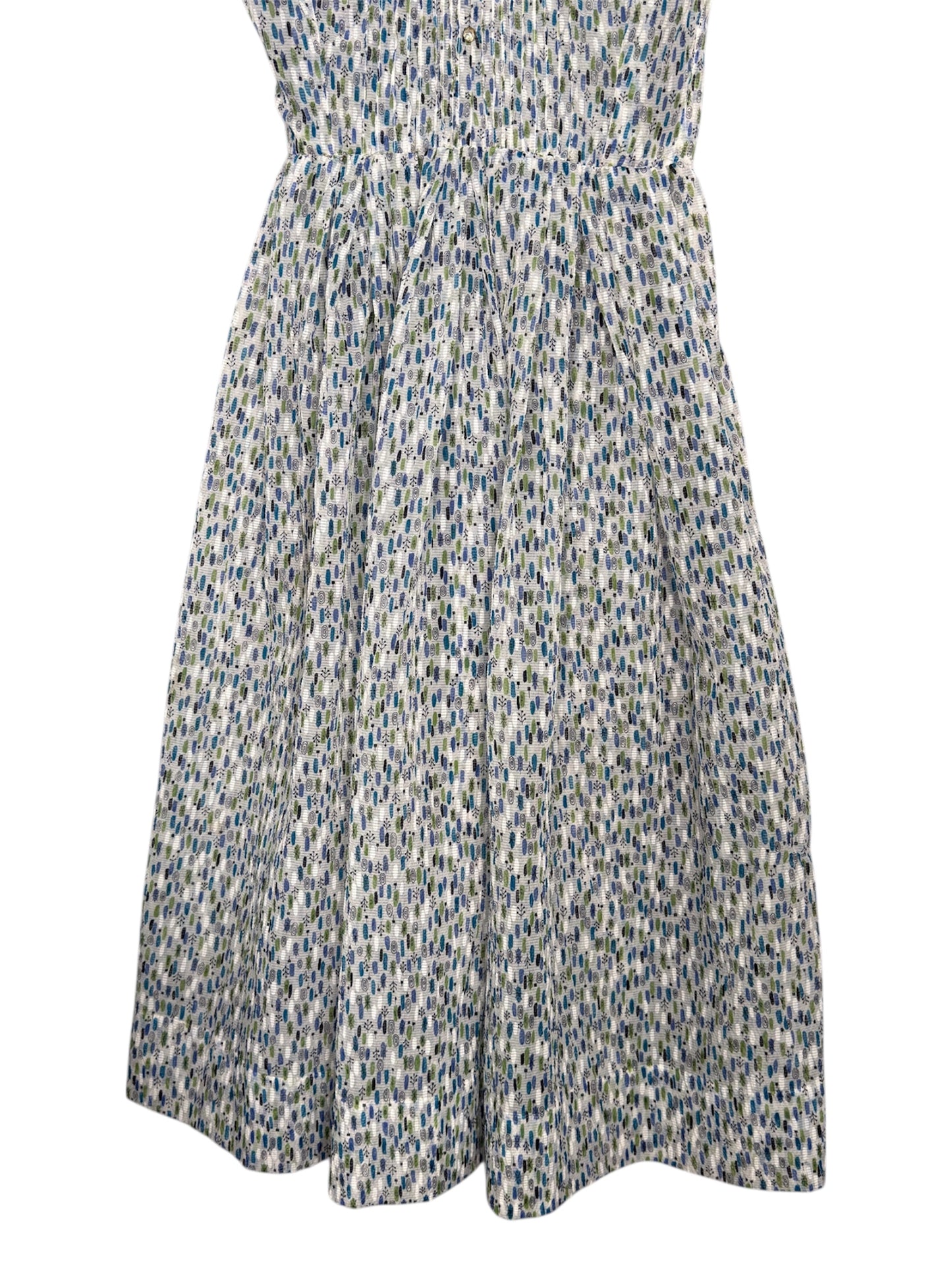 1950s Tissue Crepe Blue/Green/White Geometric Day Dress