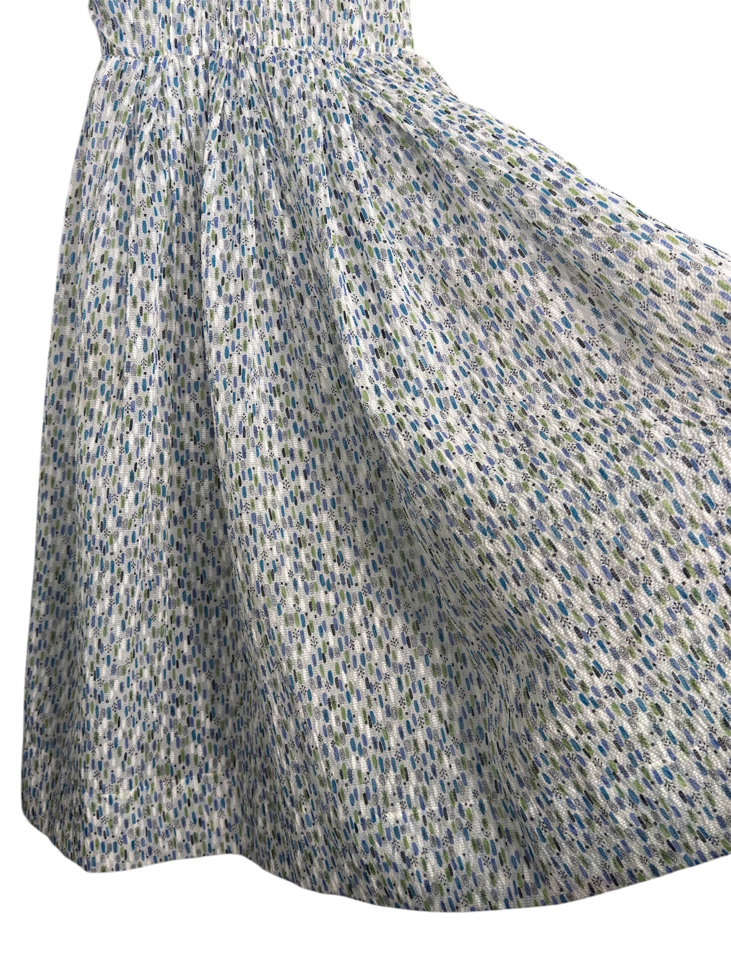 1950s Tissue Crepe Blue/Green/White Geometric Day Dress