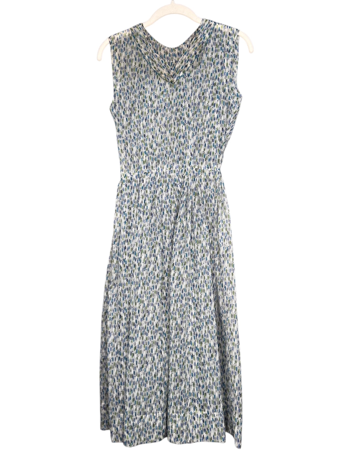 1950s Tissue Crepe Blue/Green/White Geometric Day Dress