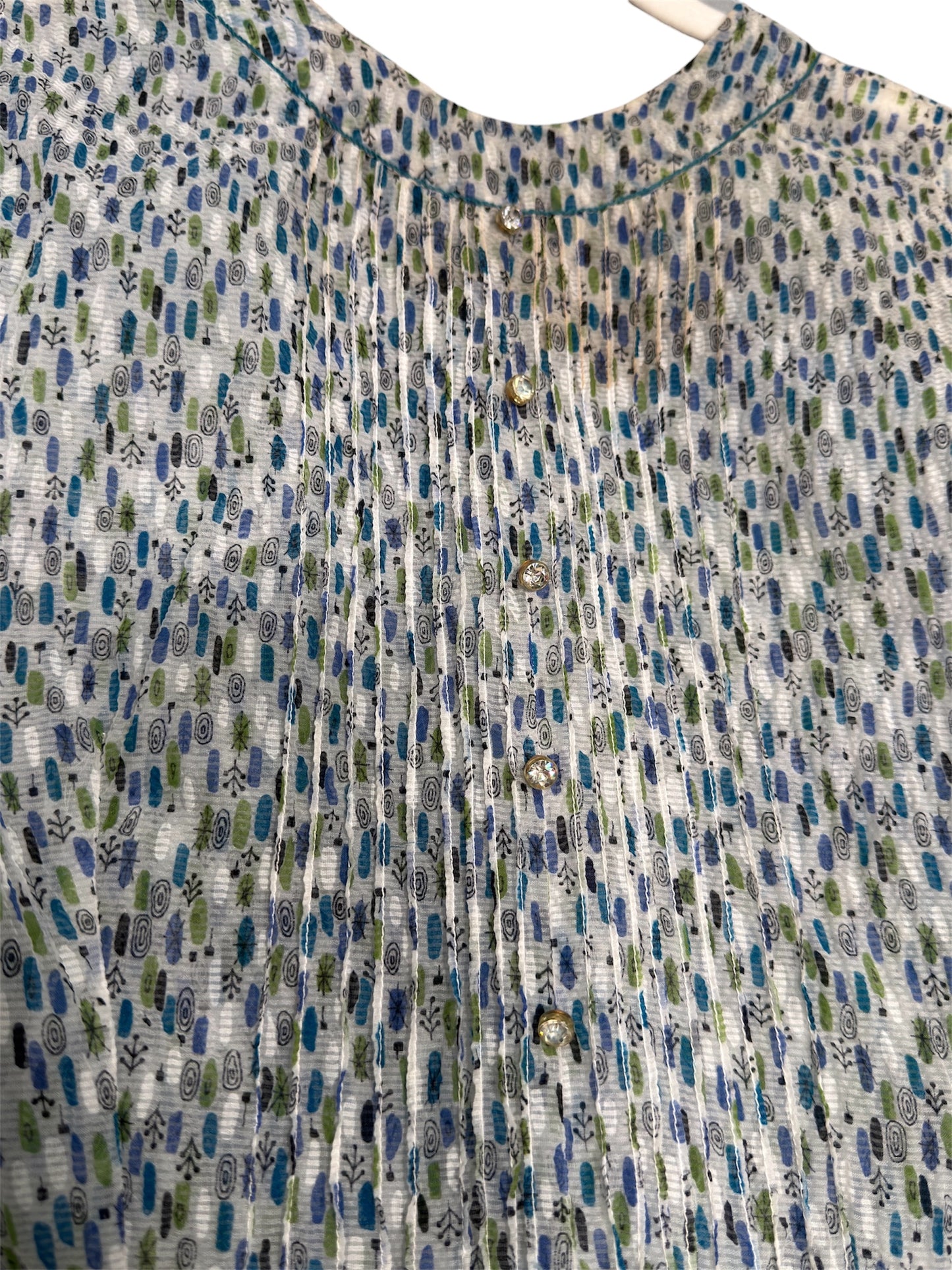 1950s Tissue Crepe Blue/Green/White Geometric Day Dress