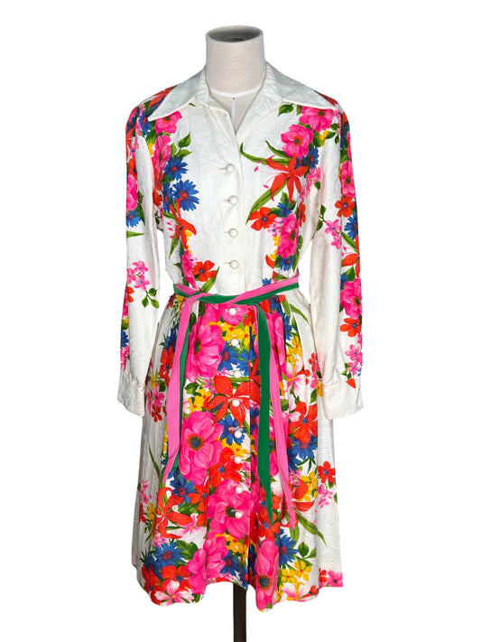 1970s Stephen O'Brady Floral White/Multicolor Dress with Belt
