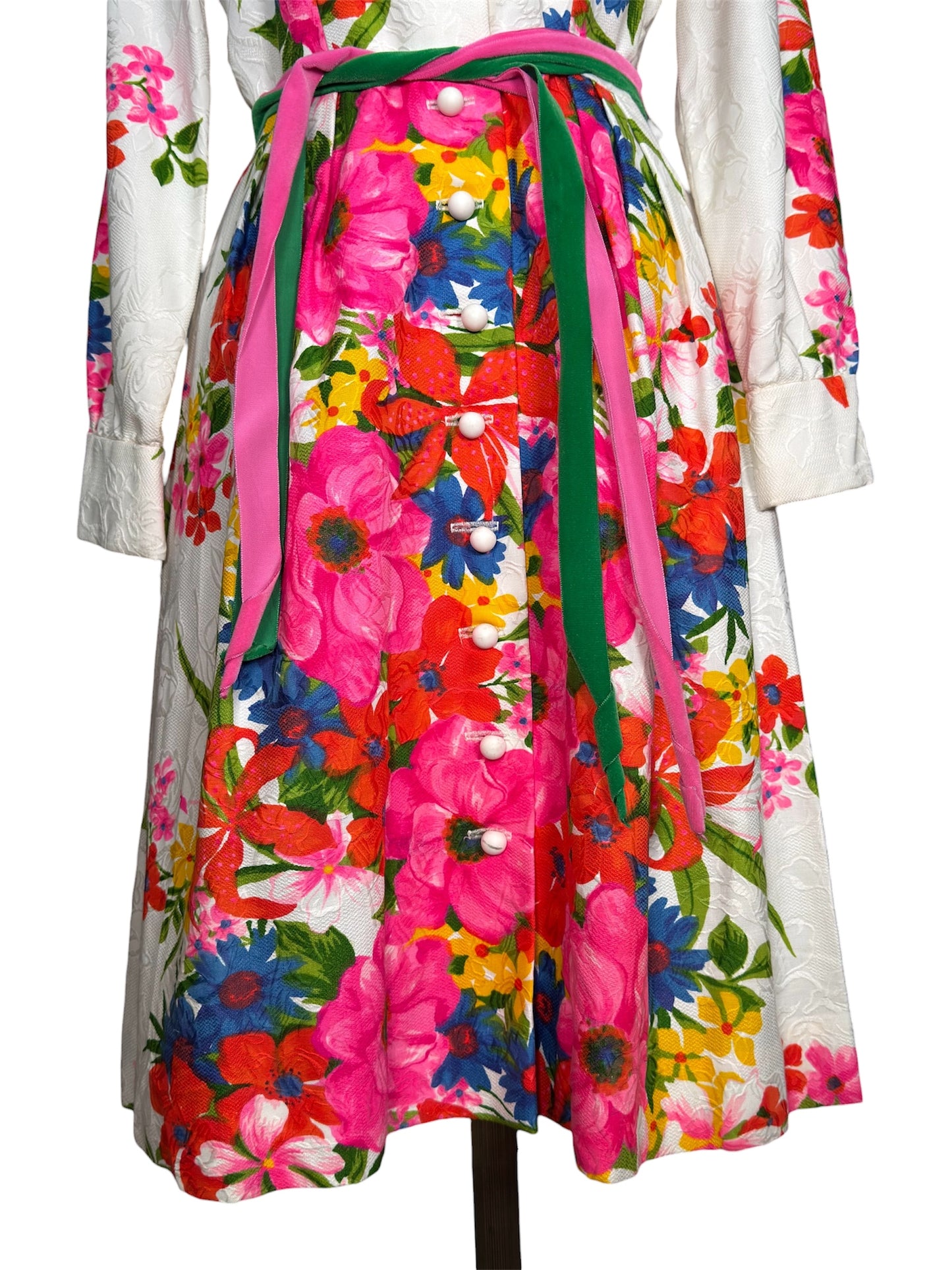 1970s Stephen O'Brady Floral White/Multicolor Dress with Belt