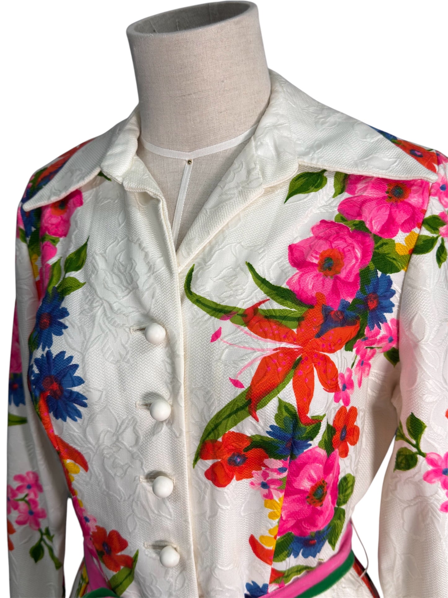 1970s Stephen O'Brady Floral White/Multicolor Dress with Belt