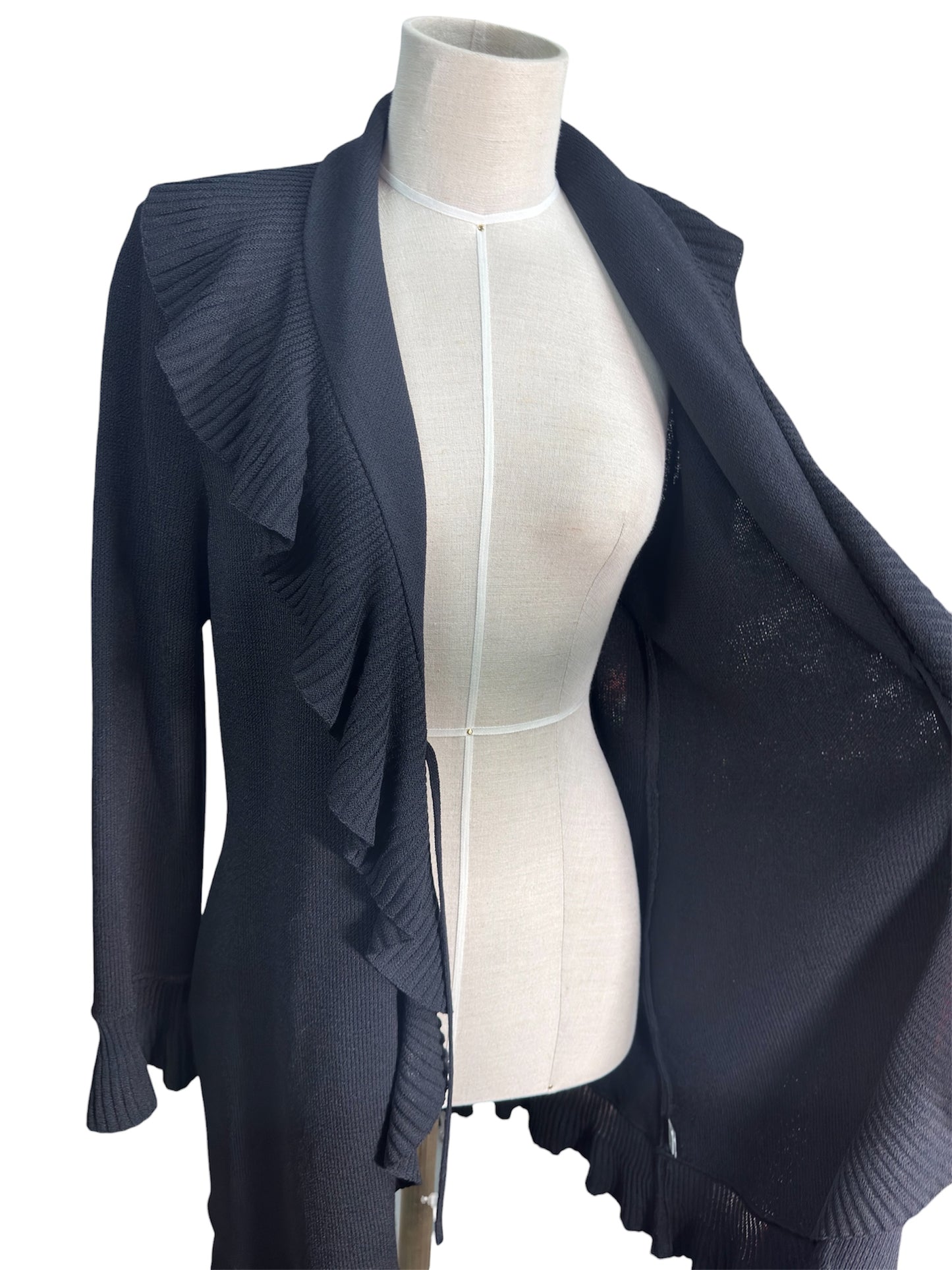 Y2K St. John Ruffled Black Knit Long Cardigan