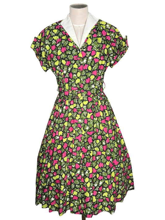 1940s/1950s Belted Geometric Green and Pink Circle Skirt Dress