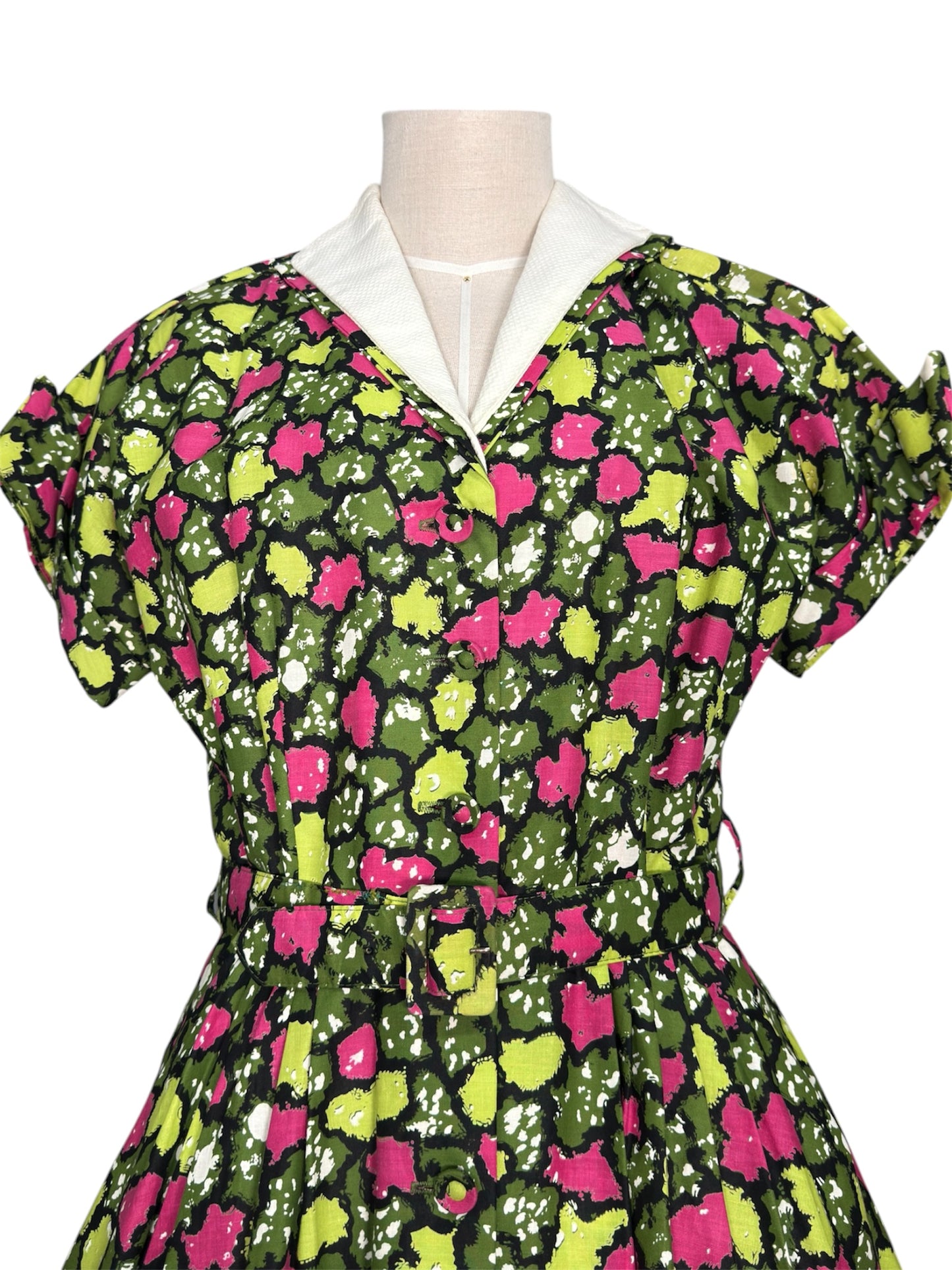 1940s/1950s Belted Geometric Green and Pink Circle Skirt Dress