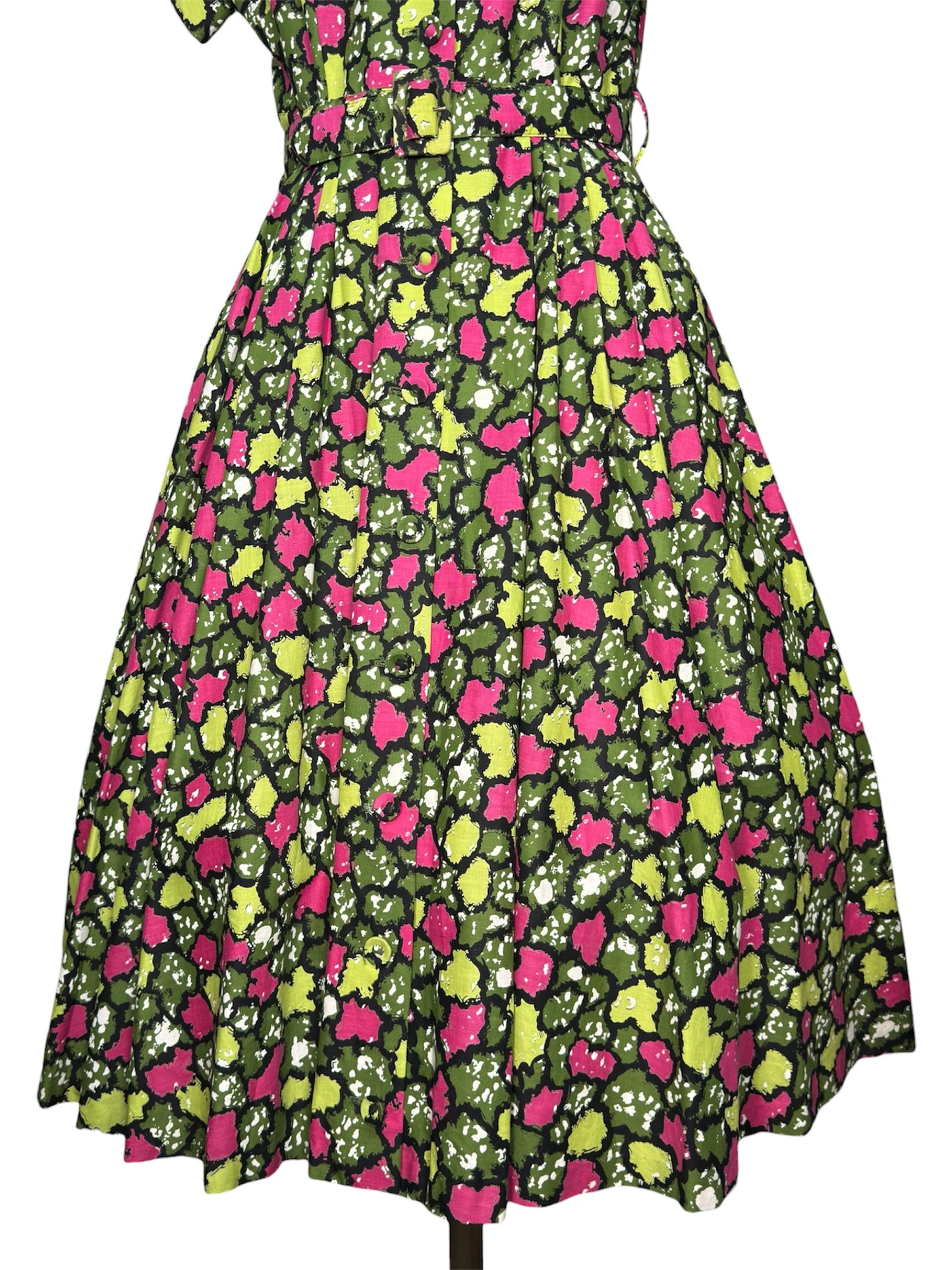 1940s/1950s Belted Geometric Green and Pink Circle Skirt Dress