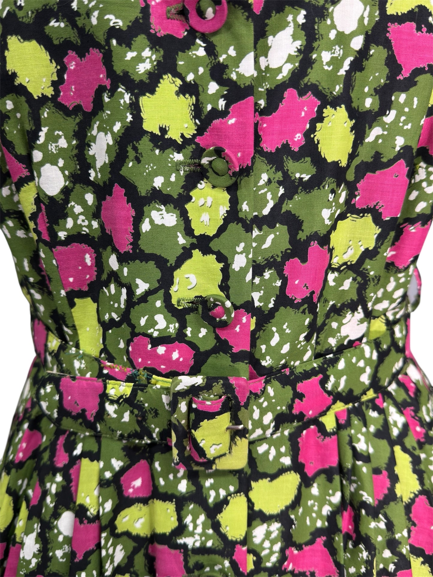 1940s/1950s Belted Geometric Green and Pink Circle Skirt Dress