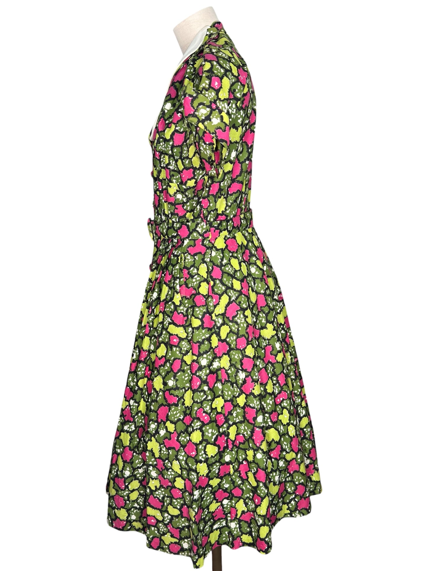 1940s/1950s Belted Geometric Green and Pink Circle Skirt Dress