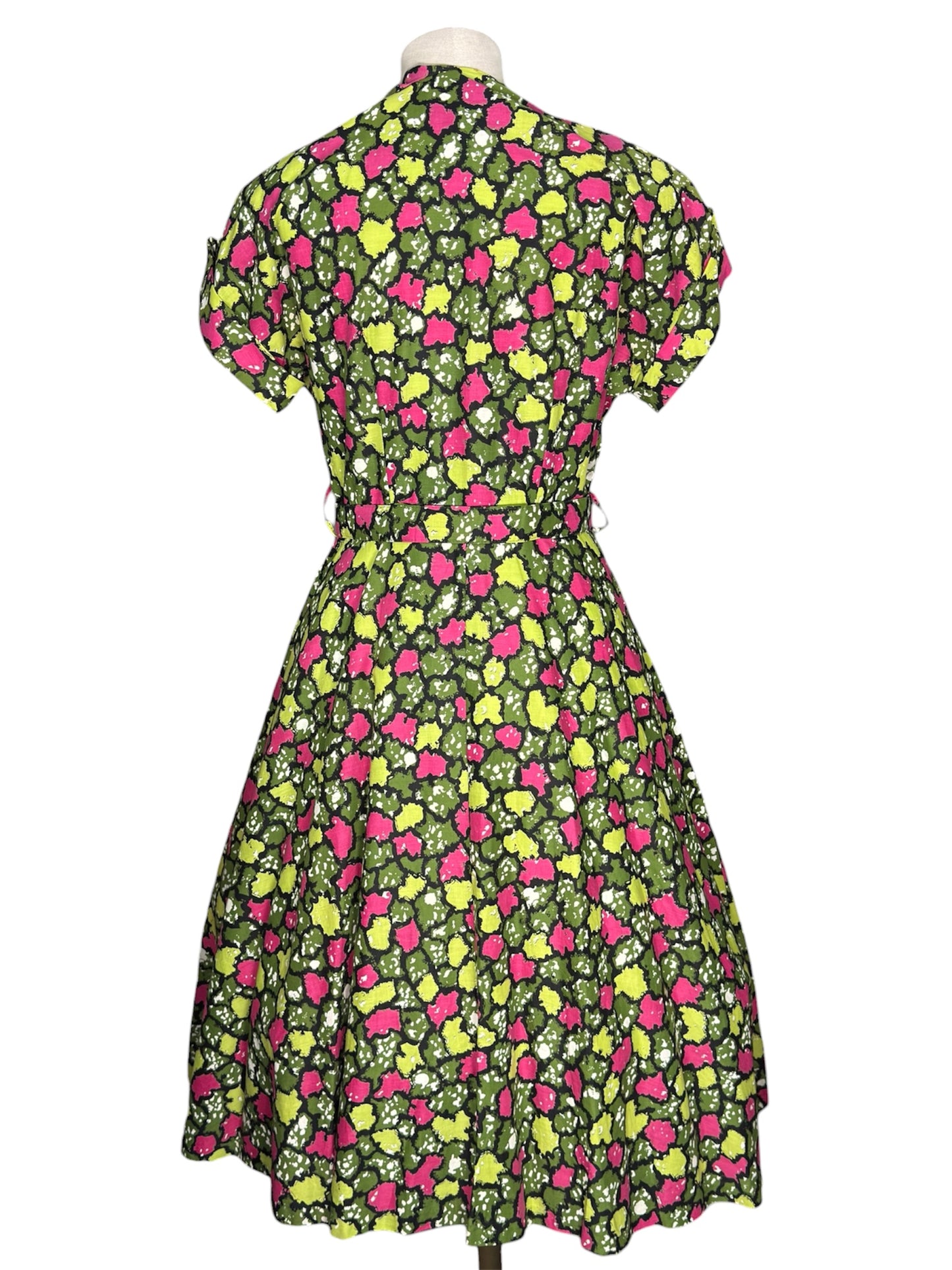 1940s/1950s Belted Geometric Green and Pink Circle Skirt Dress